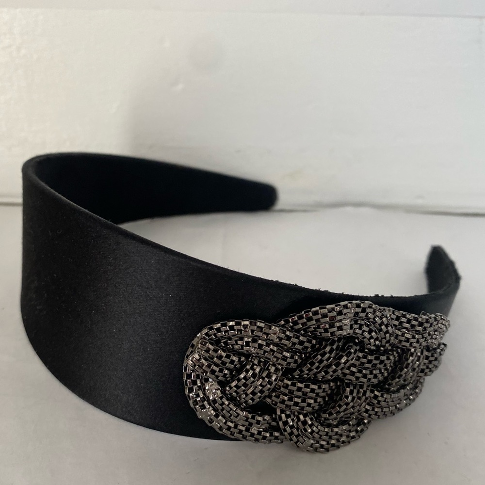 Anthropologie Embellished stones black Satin Headband 2”W evening dress holidays